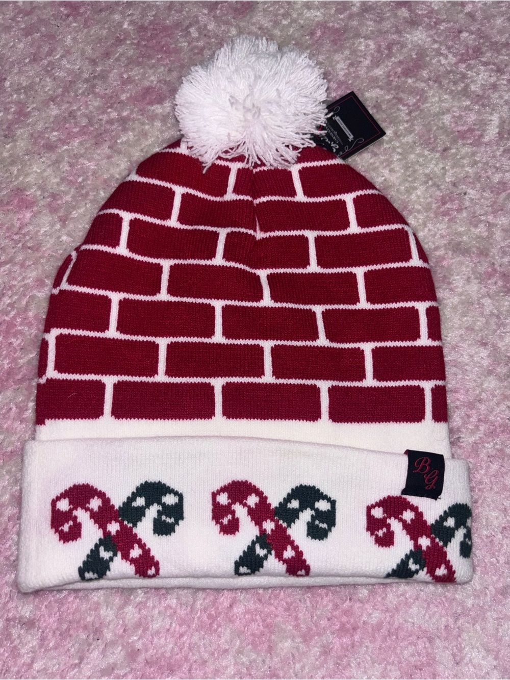 Red & White Brick Pattern Pom Beanie with Candy Cane Detail